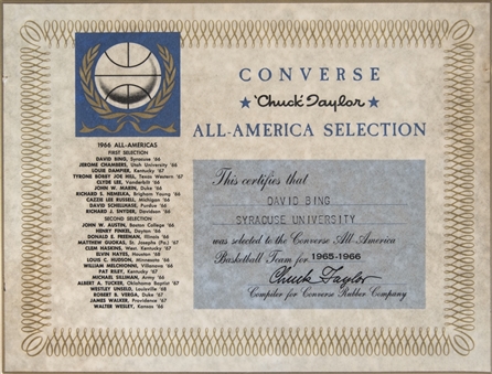 1965-66 Converse Chuck Taylor All-America Selection Award Certificate Presented To David Bing